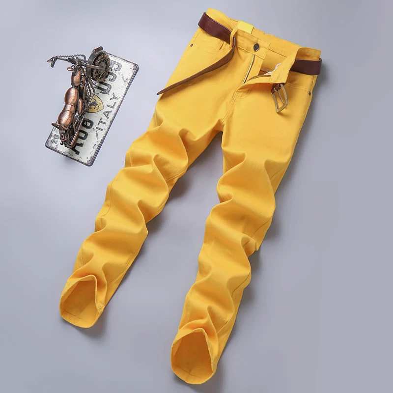 New Autumn Men\'s Yellow Pink Red Slim Jeans Classic Straight Elasticity Denim Pants Male Brand Stretch Skinny Colorful Trousers