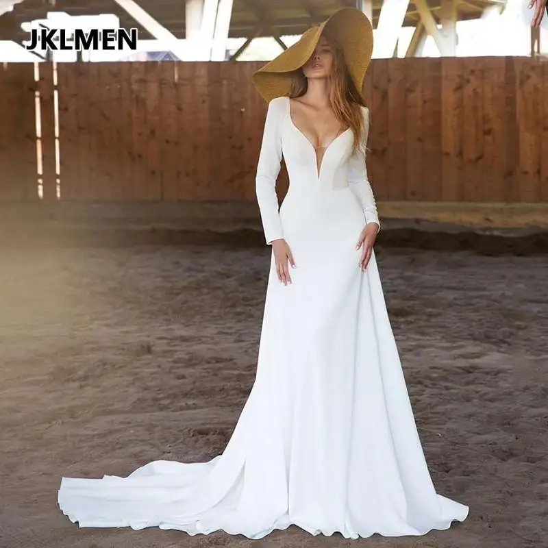 Long Sleeve Wedding Dresses 2026 Sexy Deep V Neck  Simple Bridal Gowns Backless Civil Robe De Mariee Country Marriage White