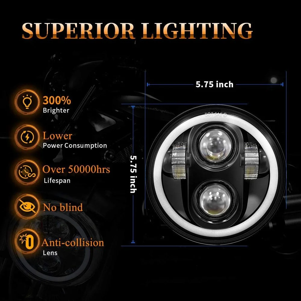 5-3/4 5.75 Inch Motorcycle LED Headlight for Harley Davidson Sportster Yamaha Motorbike Accessories LED DRL Driving Fog Lamp