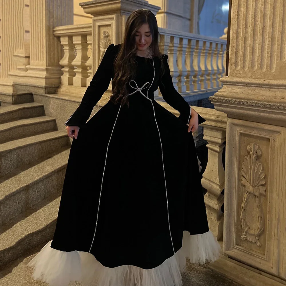 Long Sleeve A-line Prom Dresses for Women Square Neck Patchwork Formal Party Dress Bow Evening Gown فساتين السهرة 2023 جديده