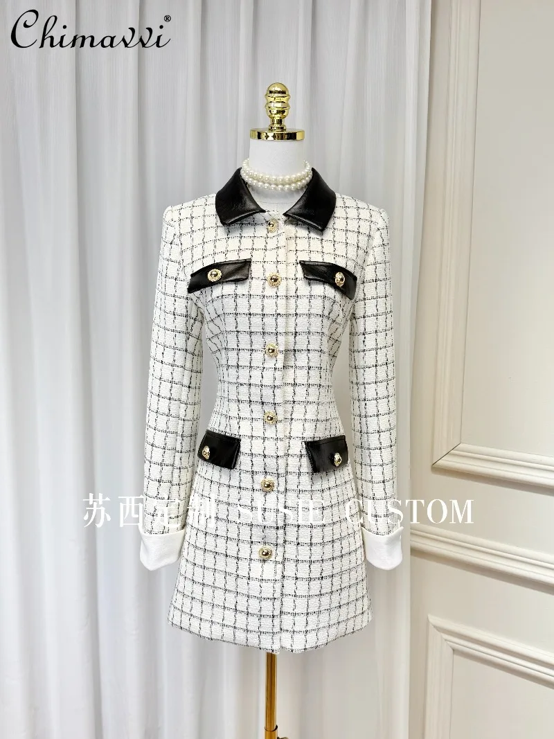 

High-End Fashion Plaid Tweed Patchwork Leather Small Lapel Short Women's Dress Autumn Winter New Women'sSlim Commuter Dress