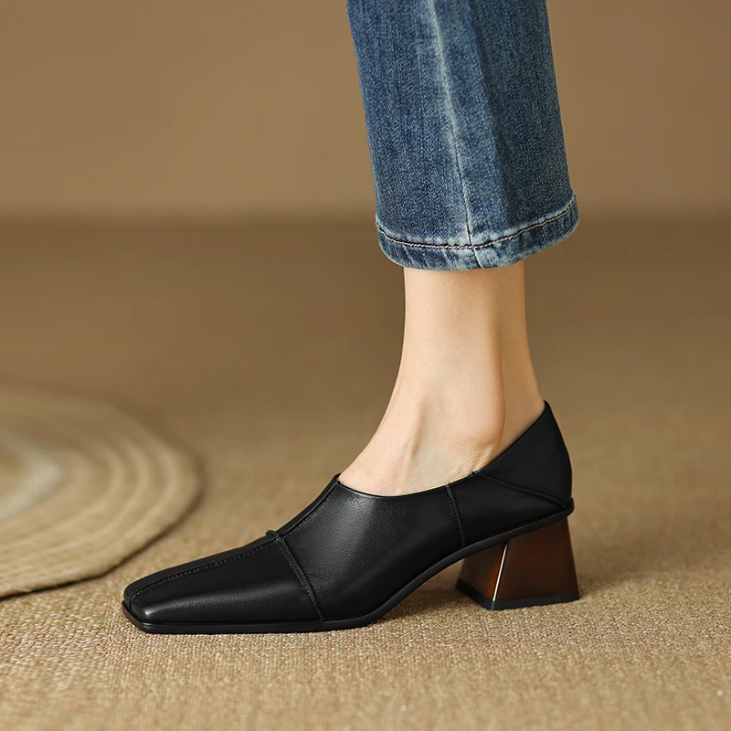 2024 Spring/Autumn Women Shoes Square Toe High Heels Leather Chunky Heel Women Pumps Retro Slip on Black Shoes for Women