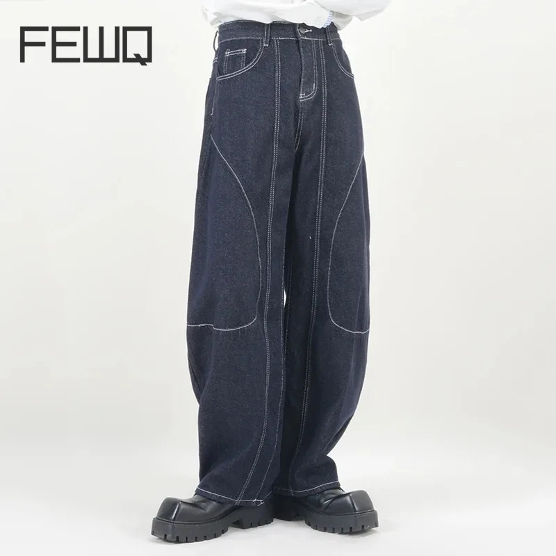 FEWQ Design Men's Jeans Korean Fashion Loose Wide Leg Trousers 2024 Line Decoration Solid Color Male Pants Casual