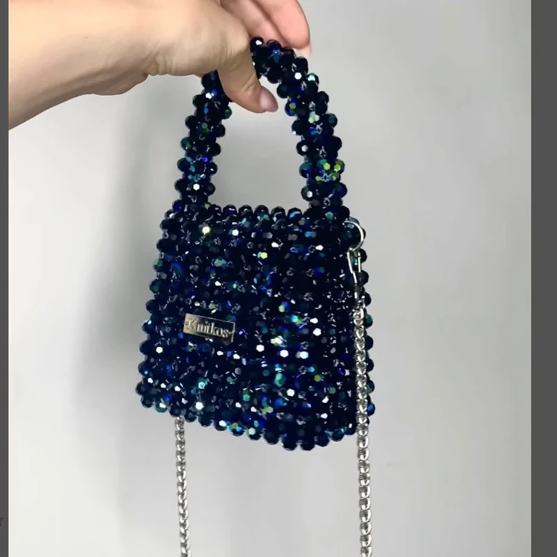 2024 Customized Mini Crystal Shining Banquet Handbag New Fashion Texture Luxury Beaded Weaving Chain Crossbody Bags for Woman