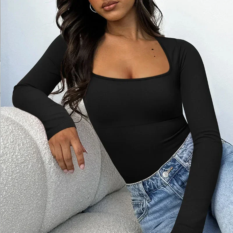 Dimmkof Square neck Thong Bodysuits Long Sleeve Shapewear Thong Butt Lifting Bodysuit Compression Body Shaper Tops Open Crotch