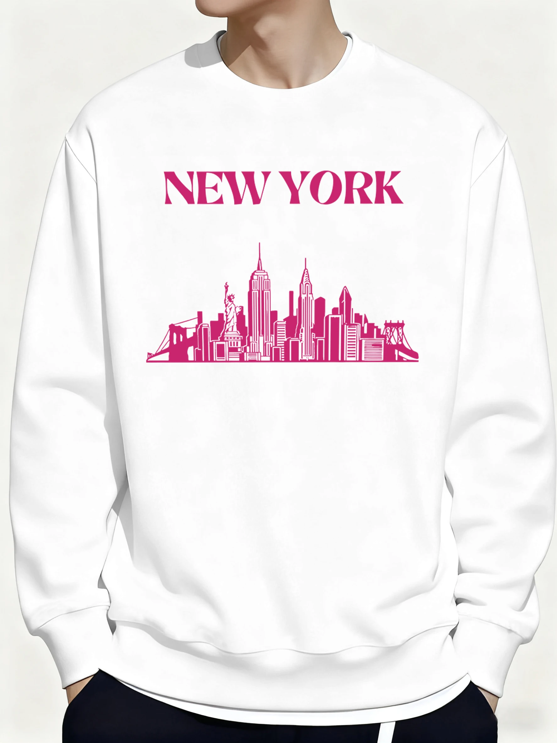 

Толстовка с принтом New York City Silhouette, мужская флисовая свободная одежда, осенний пуловер с круглым вырезом, унисекс, повседневные толстовки с длинными рукавами