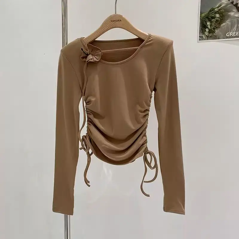 

Футболка с цветочным ремешком и U-образным вырезом, женская осенняя нижняя рубашка, тонкий короткий топ с длинными рукавами