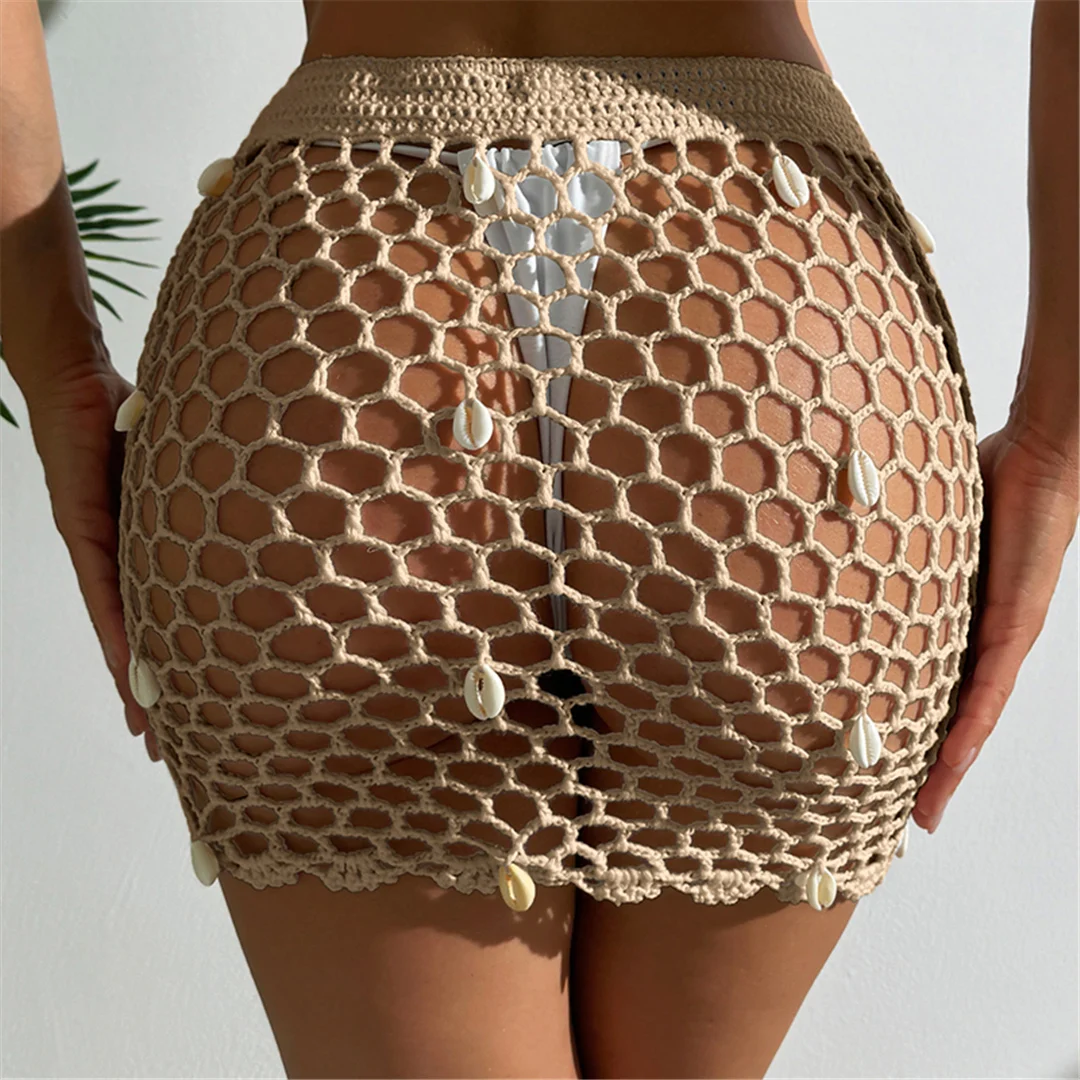 Ausgehöhlter, durchsichtiger, gehäkelter, gestrickter Strandrock, Strandkleid, Strandmode, Damen V6479 – Detail 18