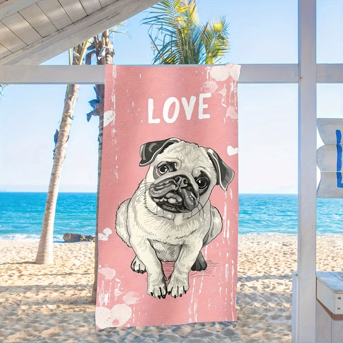 Oversized Love Dog Beach Towel - Ultra-Soft Microfiber Quick-Dry Sand-Free, Cartoon Pug & Geometric Floral Pattern