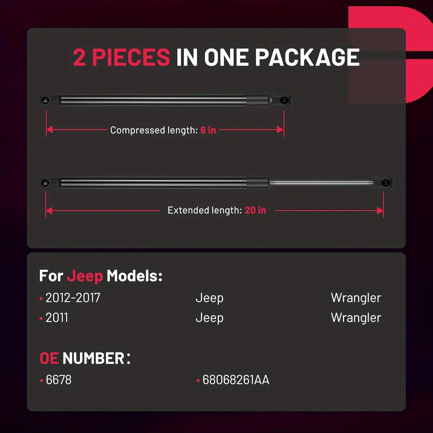 دعامات غطاء محرك السيارة 6678 20 بوصة 190N لسيارة جيب رانجلر/JK 2011-2018 (2 قطعة)