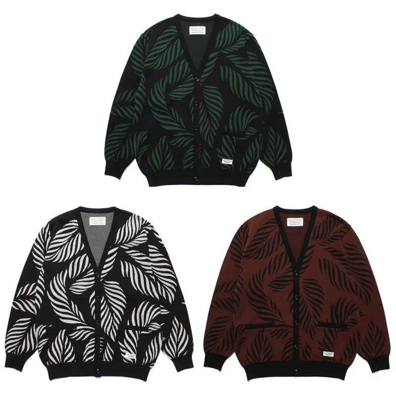

WACKO Cardigan Japanese Style Men Women Leaves Covered in Prints Pure Cotton Sweaters