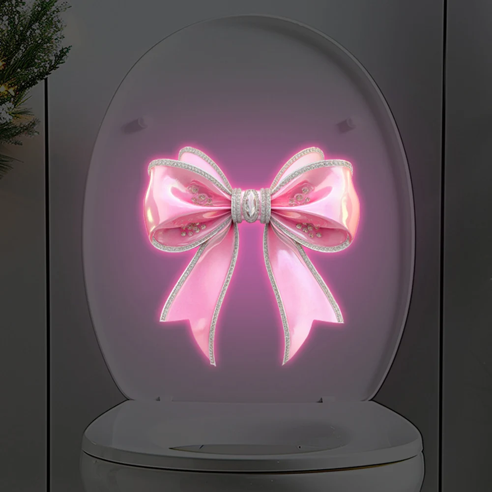 Waterproof PVC Glow in the Dark Pink Bow Toilet Sticker Self Bathroom Decor for Non Damaging Removal 20x20x3cm