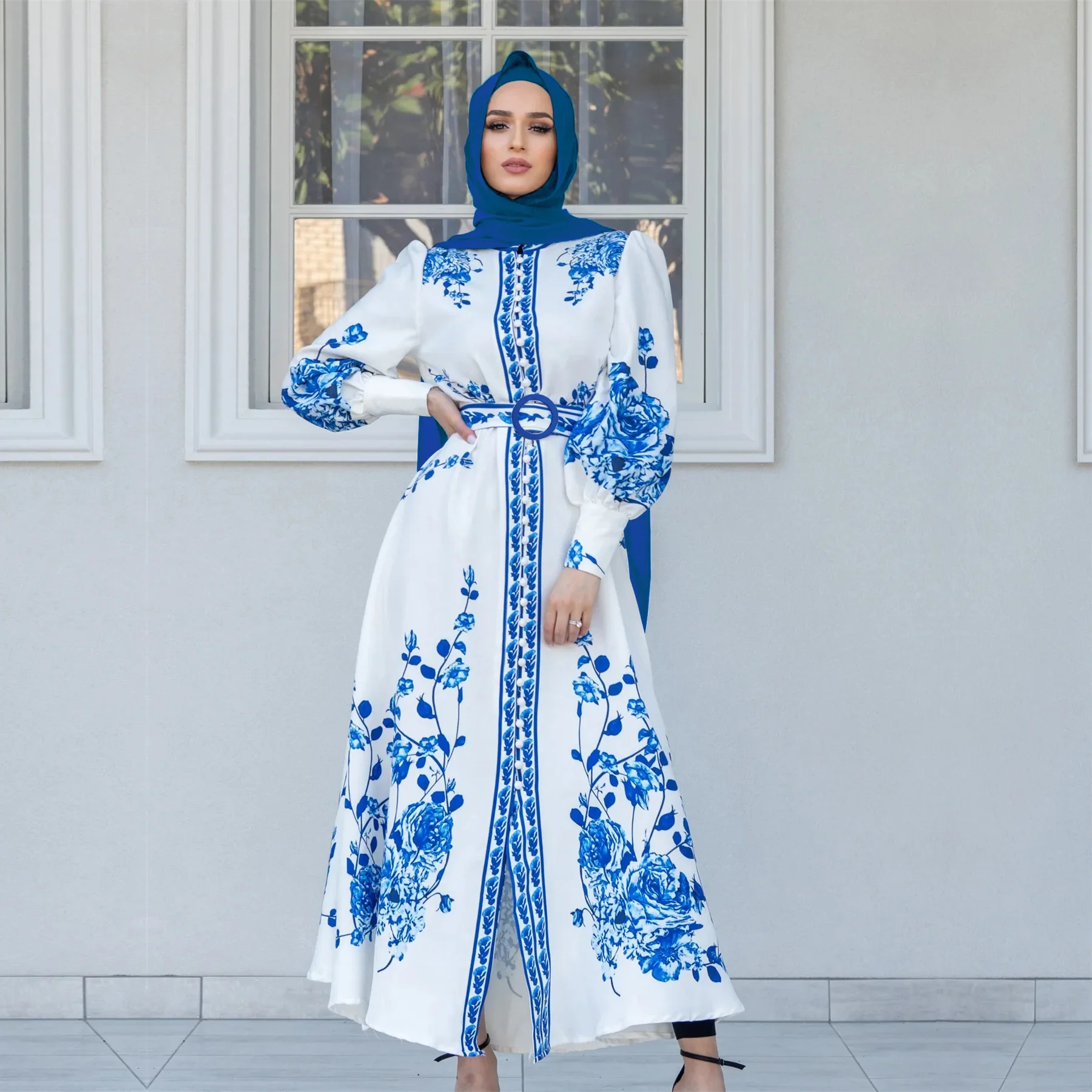 Muslim Robe Long Maxi Abaya Dress Femme Stand Collar Lantern Sleeve Single-breasted Floral Print Party Dresses Saudi Arabia Abay