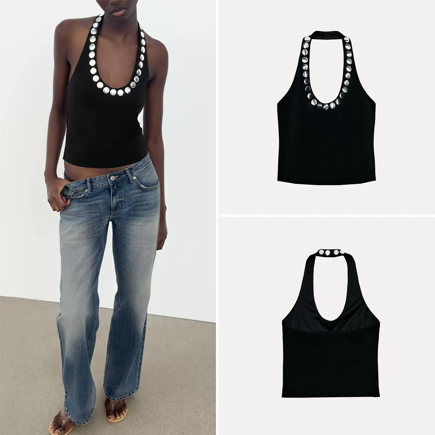 

Women's Fashion Simple Backless Rivet Decoration Hanging Collar Top Short Style Summer New Arrival Zadata Brand Slim Fit Vest