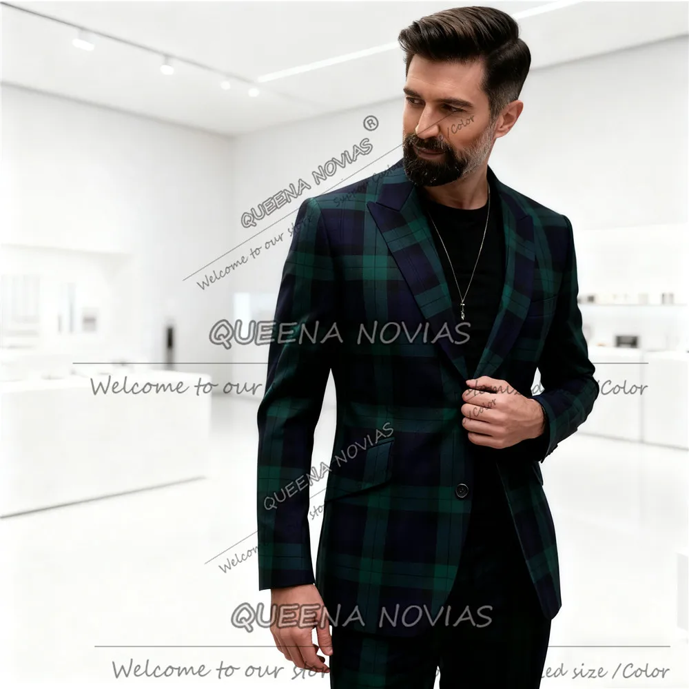

Navy Green Plaid Men Suits Single BreastedS lim Fit Ropa Hombre 2 Piece Buesiness Party Prom Blazers Customized Groom Tuxedos