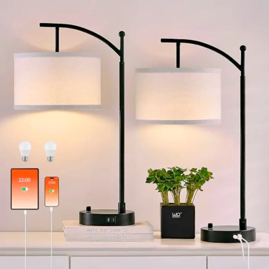 Table Lamp for Living Room Bedroom 23.5" Table Lamps Set of 2 with USB C+A Ports Bedside Lamps for Nightstand with Linen Lamp S
