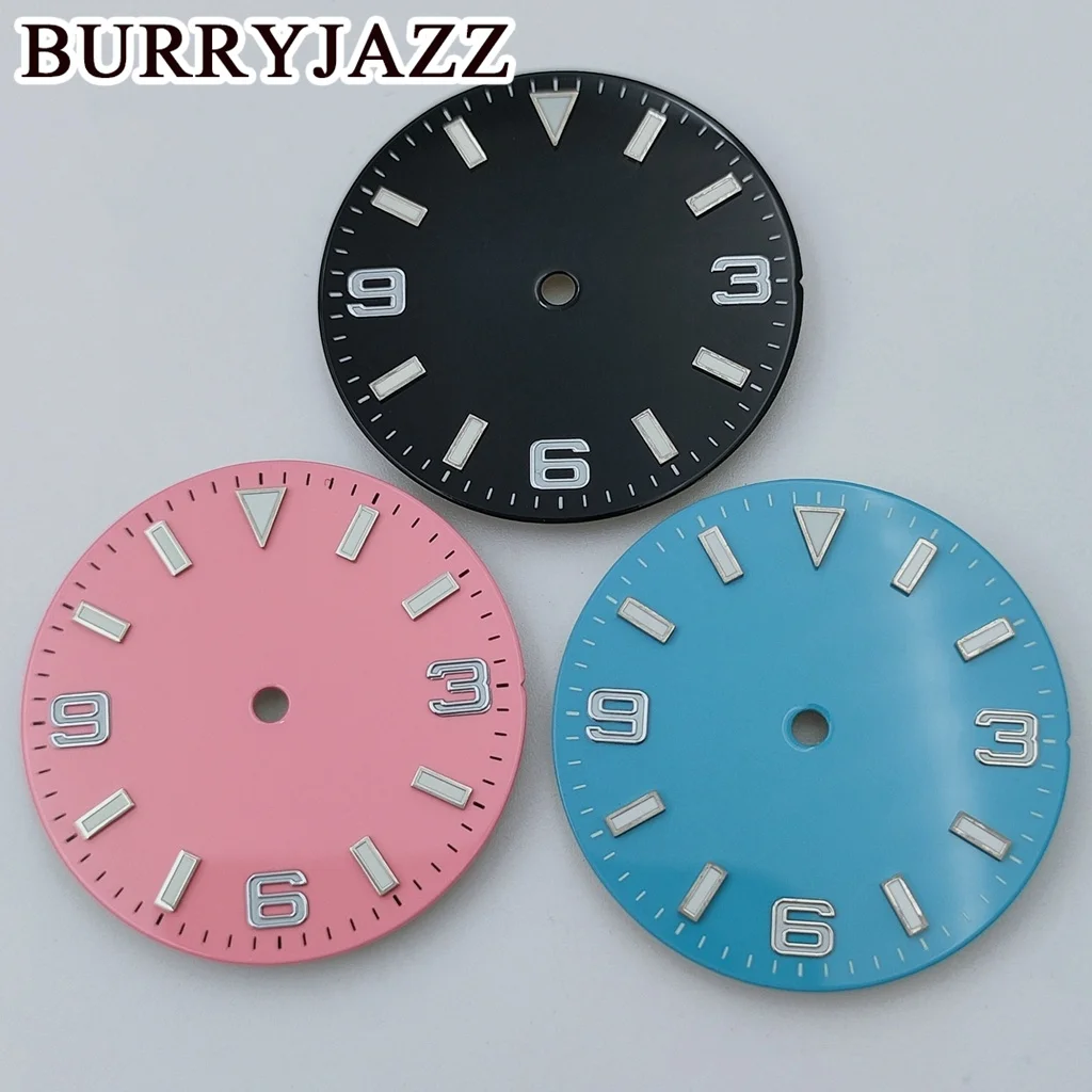 BURRYJAZZ 28.5mmNo Logo NH35 NH36 Watch Dials Pink Blue Black Green Red Dial Green Luminous Fit 3 O\'clock 3.8 O\'clock Case Crown