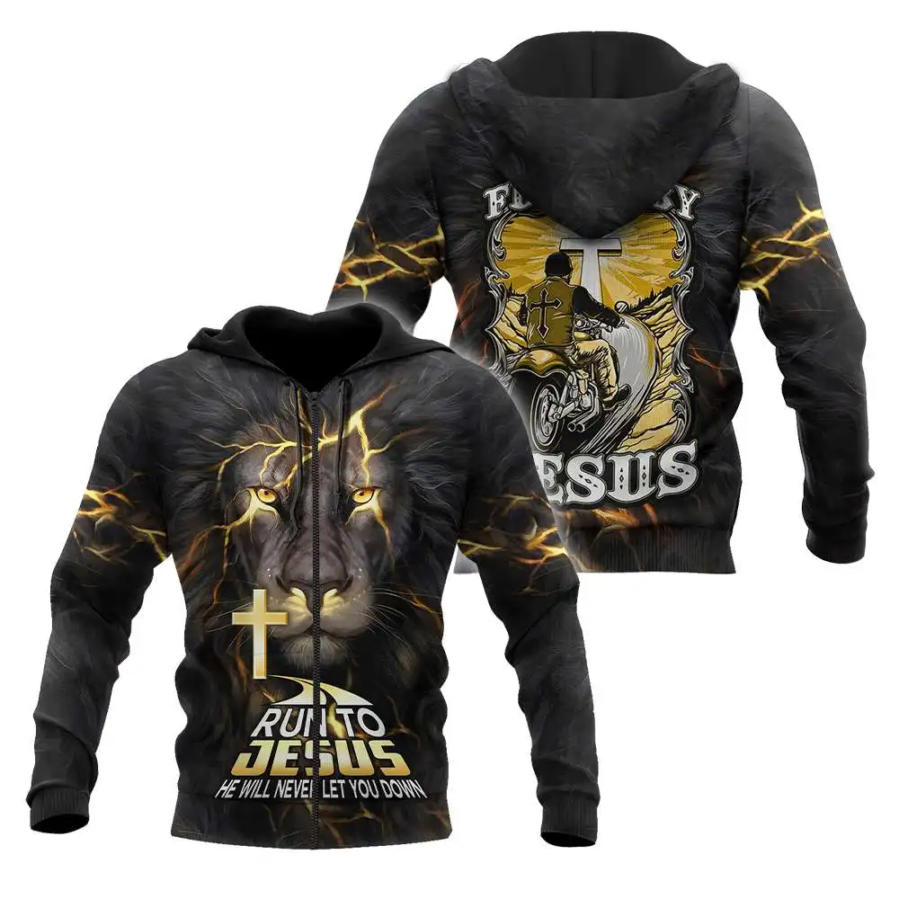 Retro Autumn God Animal Lion 3D Printing Zip Up Hoodies For Men Clothing Latin Cross Graphic Sweatshirts Fashion Cool Clothing