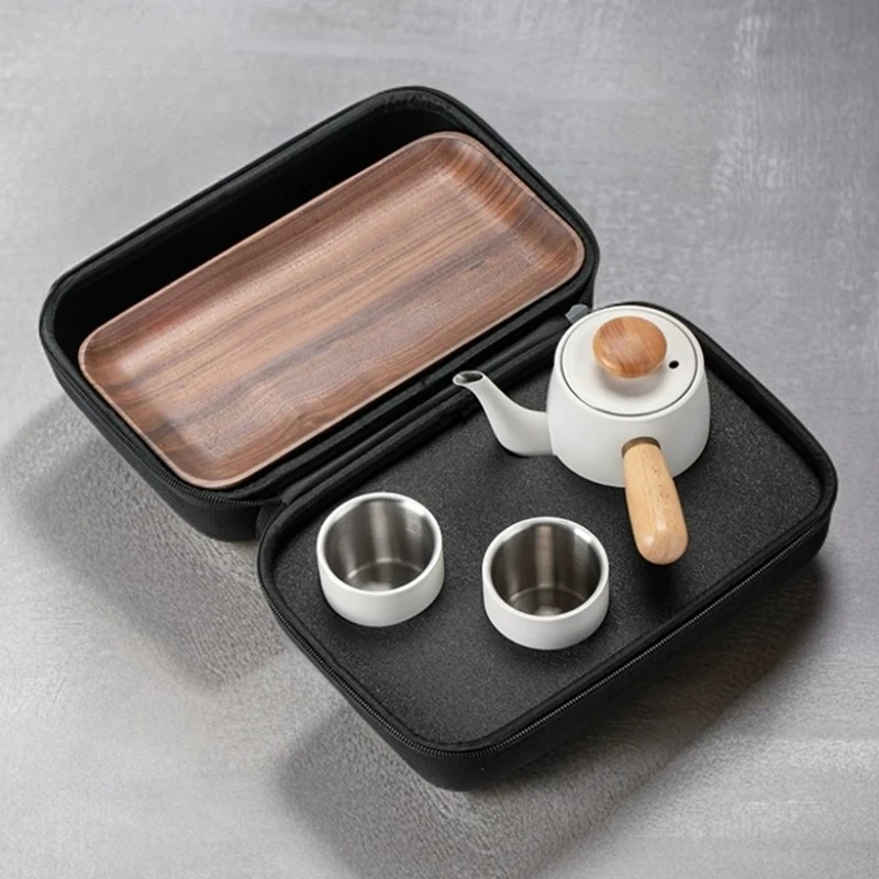 Lightweight Stainless Steel Travel Kung Fu Tea Set, Portable One Pot Two Cups Quick Brew Tea Kit For Camping Trip