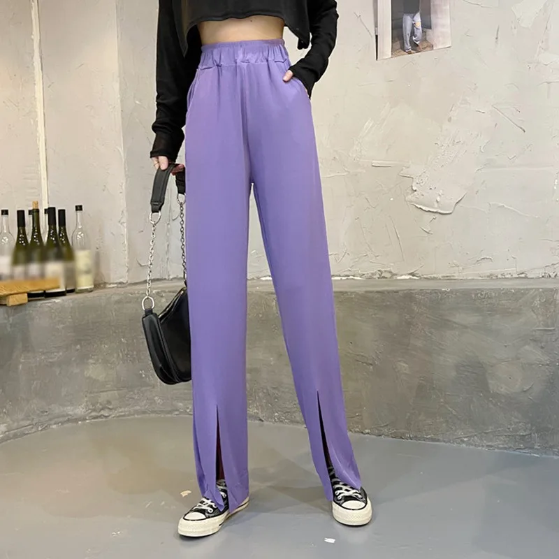 High Waist Straight Trousers Fashion Women Wide Leg Pants solid elasticity Casual loose  Split Workwear color Formal Pants