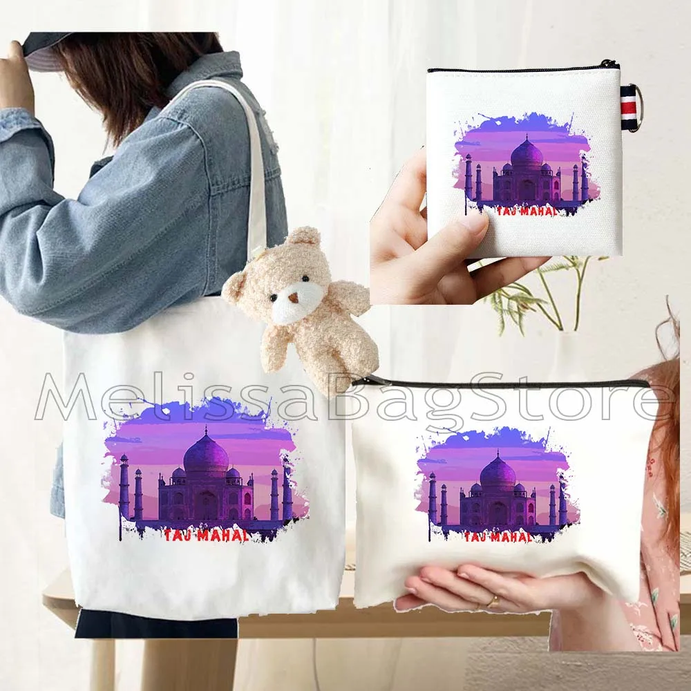 4PCS Gifts Set Taj Mahal India White Canvas Tote Bag Handbag with Doll Key Coin Purse Cosmetic Makeup Toilet Bag Case Pouch