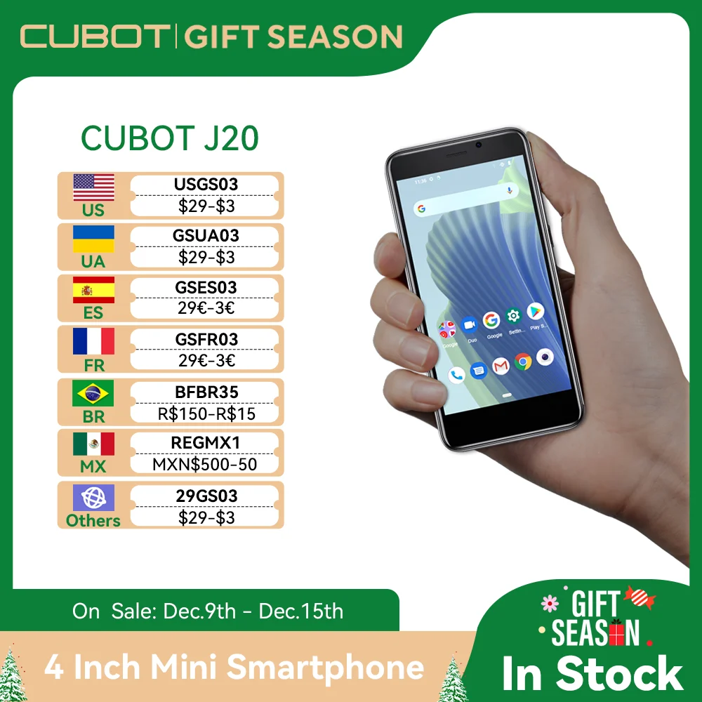 Cubot J20, 4-Inch Mini Screen, Android 12, 2/3GB RAM, 16/32GB ROM (128GB Extended), Dual SIM Dual 4G Celulares, 2350mAh, GPS