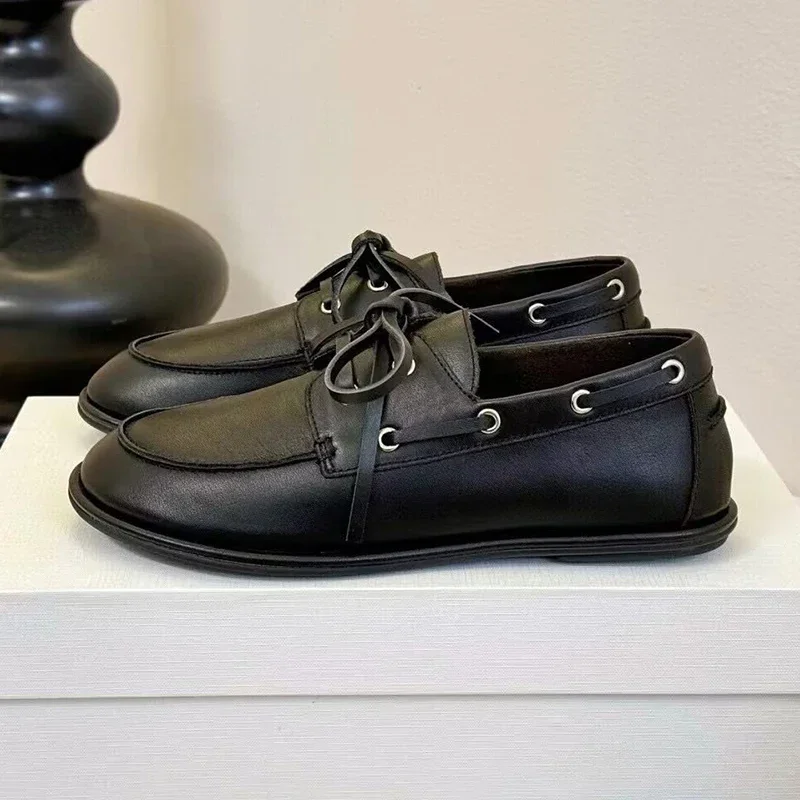 Lazy Loafers Real Leather Flats Women's Round Toe Deep Mouth Lace Up Single Shoes Spring Autumn British Style Walking Shoes