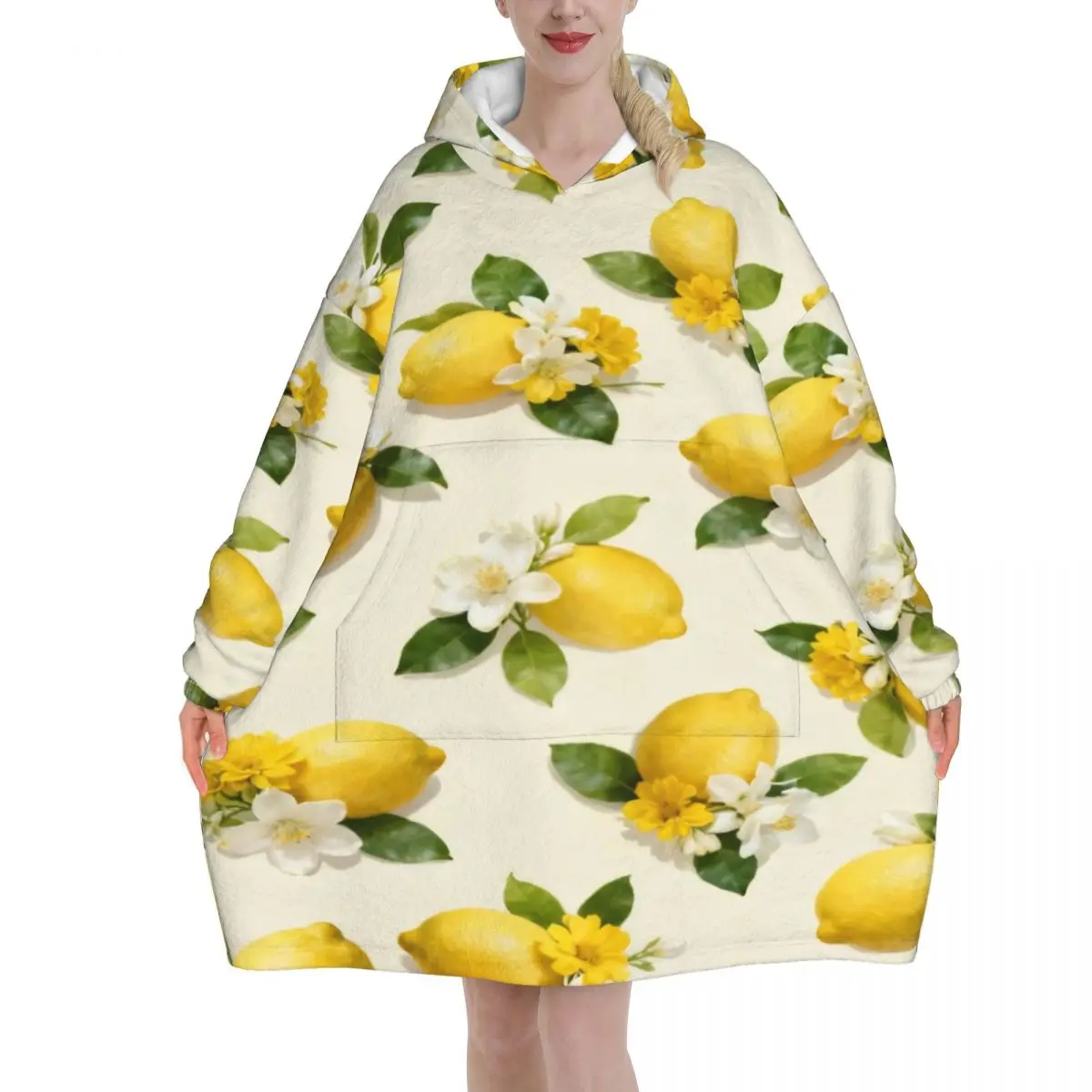 Lemon Sicily Rectangle Wearable Blanket Hoodie for Women Men Oversized Sweatshirt Blanket with Pocket
