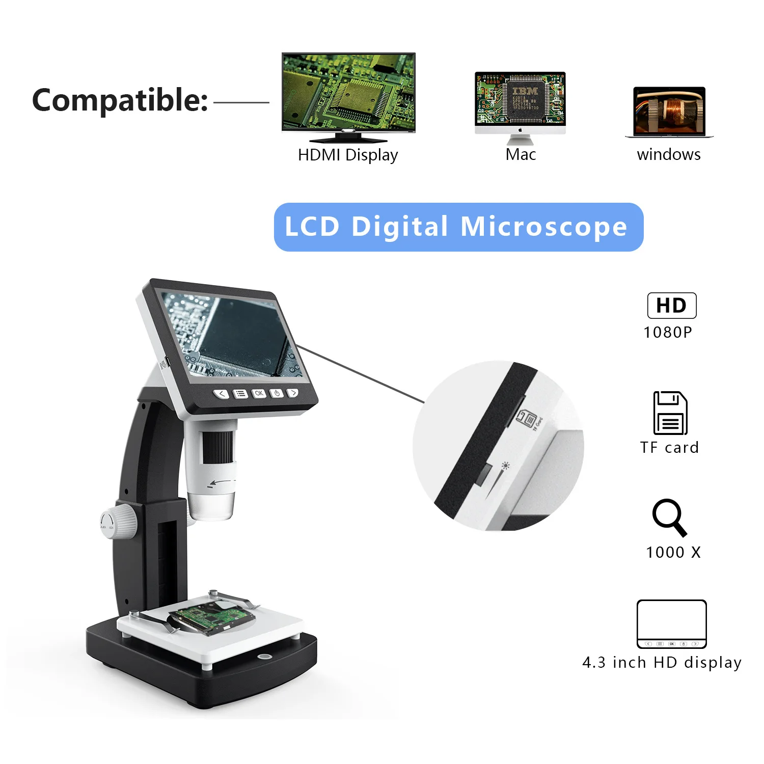 50-1000X HDMI Digital Microscope with 4.3Inch Screen for Repair Hair Skin PCB Industrial Inspection Tool