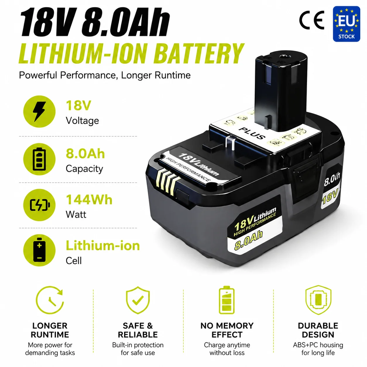 EU-Lagerbestand für Ryobi ONE+ 18V 6,0Ah 8,0Ah Akku P102 P103 P104 P105 P107 P108 P109 P122 P190 Kabelloser Werkzeugakku
