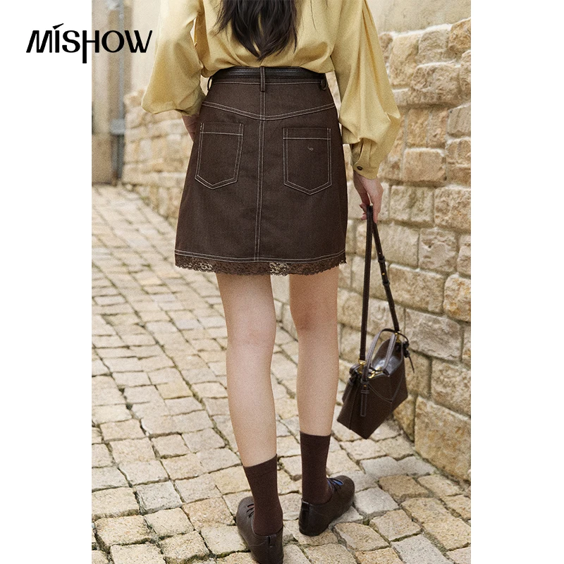 MISHOW Women's Retro High Waist A Line Skirt 2026 Autumn Lace Hem Slim Short Skirts Solid Cotton Commuter Mini Skirt MXF42B2570