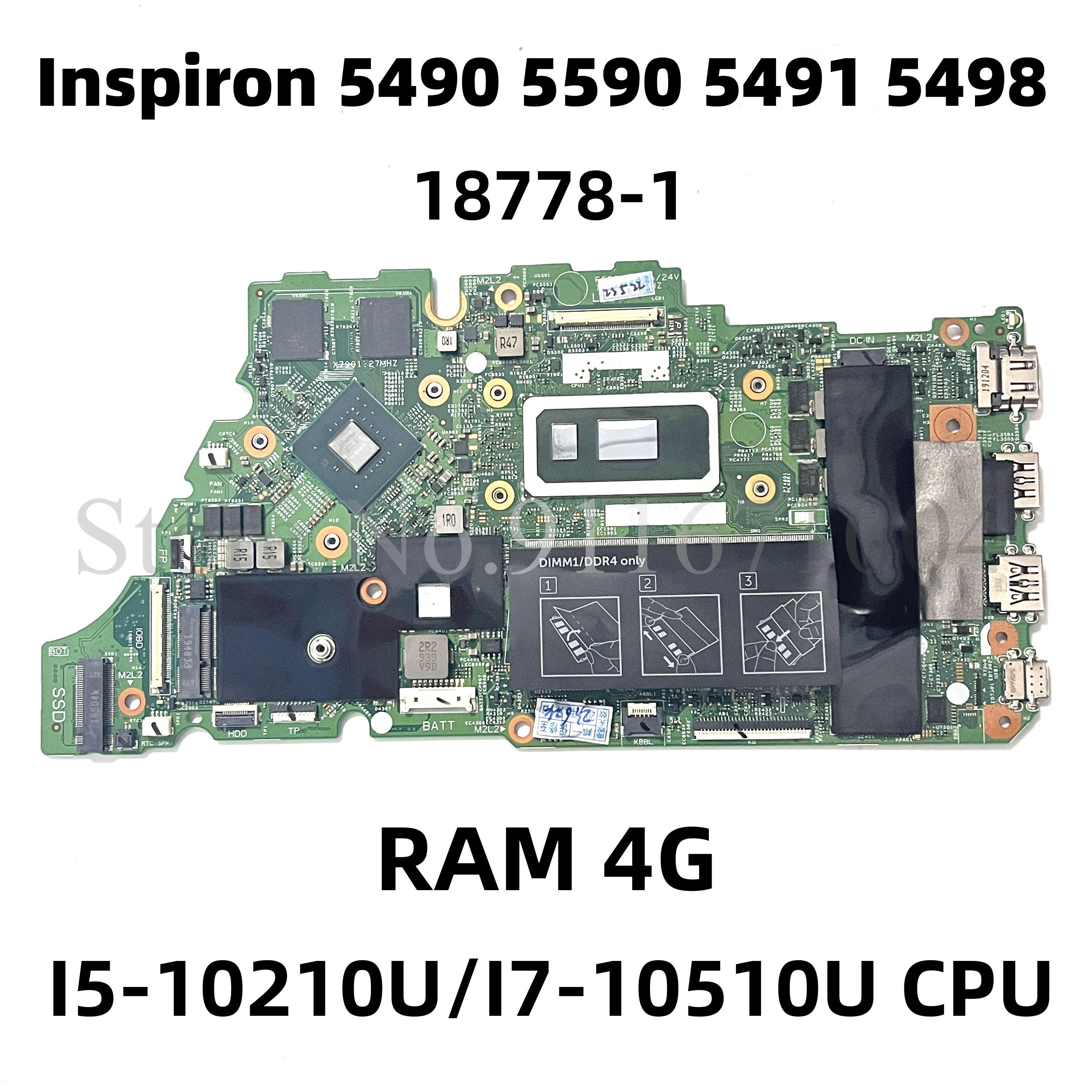 

18778-1 Mothrboard For Dell Inspiron 5490 5590 5491 5498 Laptop Motherboard With i5-10210U/I7-10510U CPU RAM 4G 100% test work