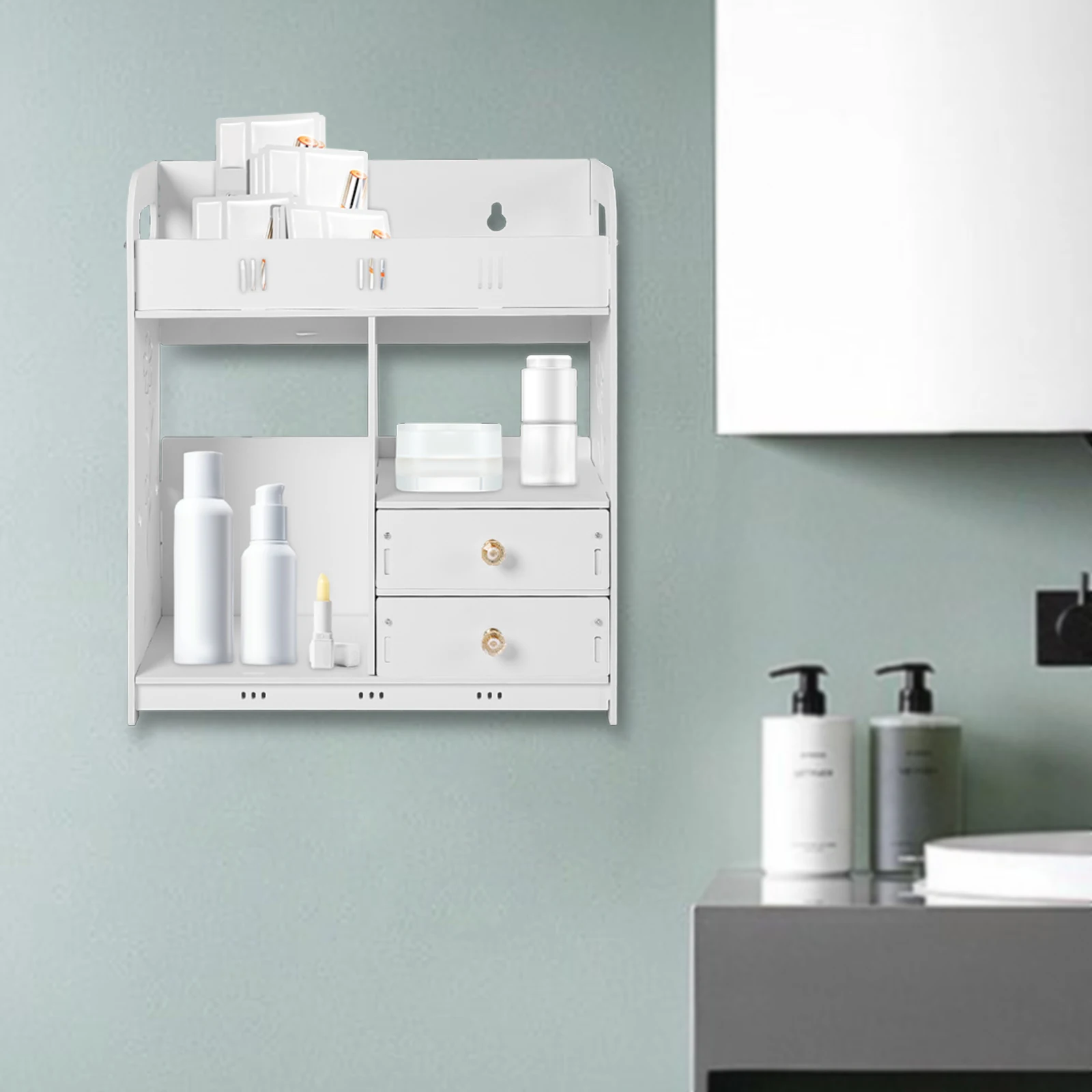 Bathroom Cabinet Wall Mounted with 2 Drawers PVC Bathroom Wall Stand Hanging Rack Medicine Cabinet Organizer White