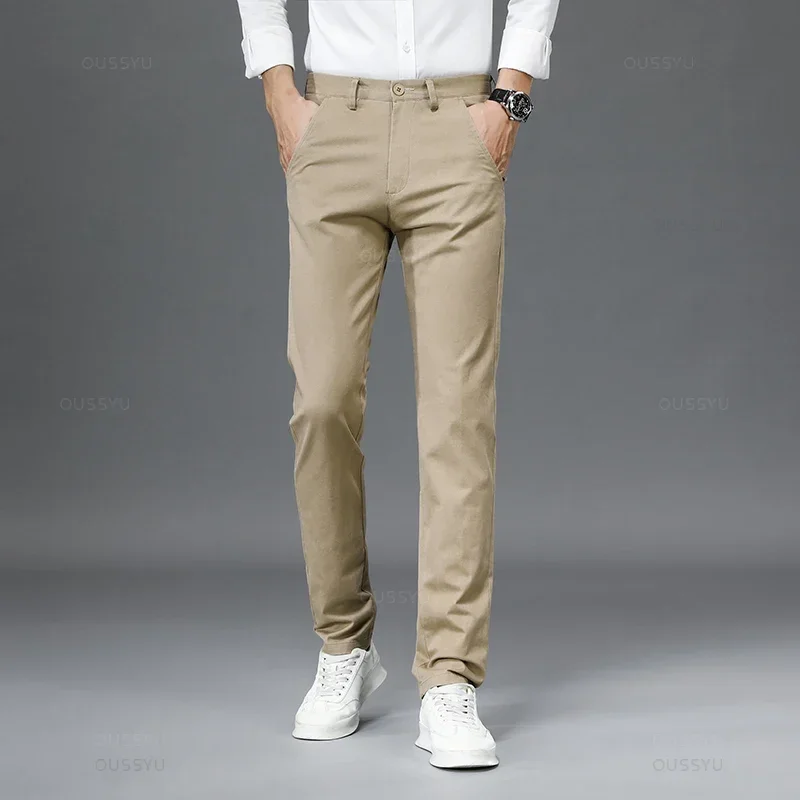 

Brand Cotton Casual Pants Men Solid Color Business Fashion Straight Slim Fit Chinos Gray Autumn Winter Trousers Male Z291