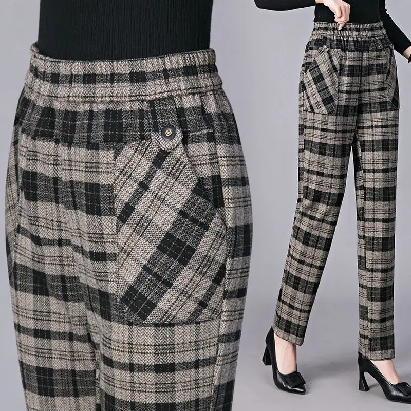 200 Pound Plus Size Pants Women Spring Autumn Straight Leg Middle-aged Fashionable Outerwear Loose Casual Plaid Pants Trendy