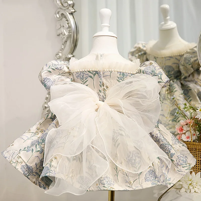 Baby Girl Princess Silk Dress Pearl Beading Lace Short Puff Sleeve Child Vintage Big Bow Vestido Party Pageant Birthday 1-14Y