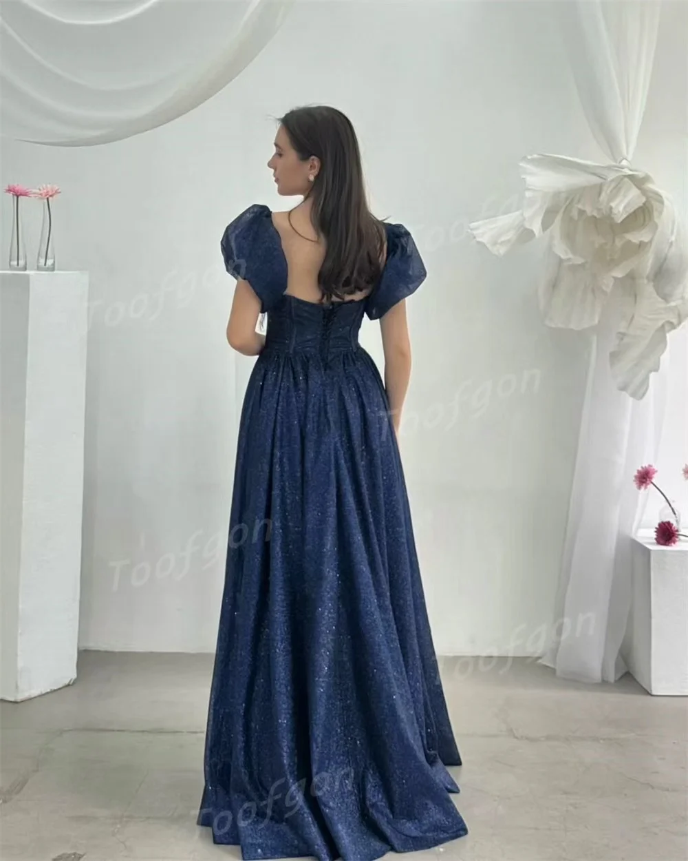 Toofgon Sweetheart-vestidos de fiesta de tul brillantes, manga corta, abertura lateral alta, línea A, azul marino, vestido de fiesta de noche árabe personalizado