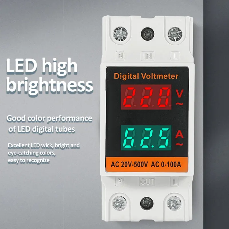 Din Rail AC Voltmeter Ammeter AC220V AC380V Digital AC Voltage Current Meter LED Display Electric Meter AC50-500V 0-99.9A