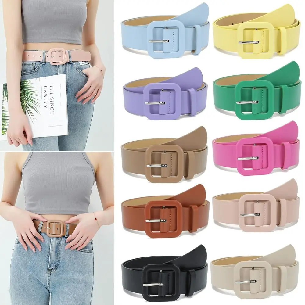 

Women Candy Color Casual Thin Waist Strap Leather Belt Trouser Dress Belts Square Buckle Waistband