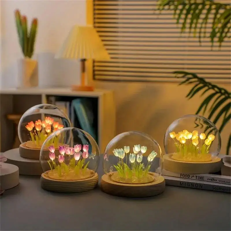 Artificial Tulip Flower Night Light Ornaments Handmade DIY Bedside LED Night Lamp Bedroom Desk Decor Birthday Gifts Table Lamp