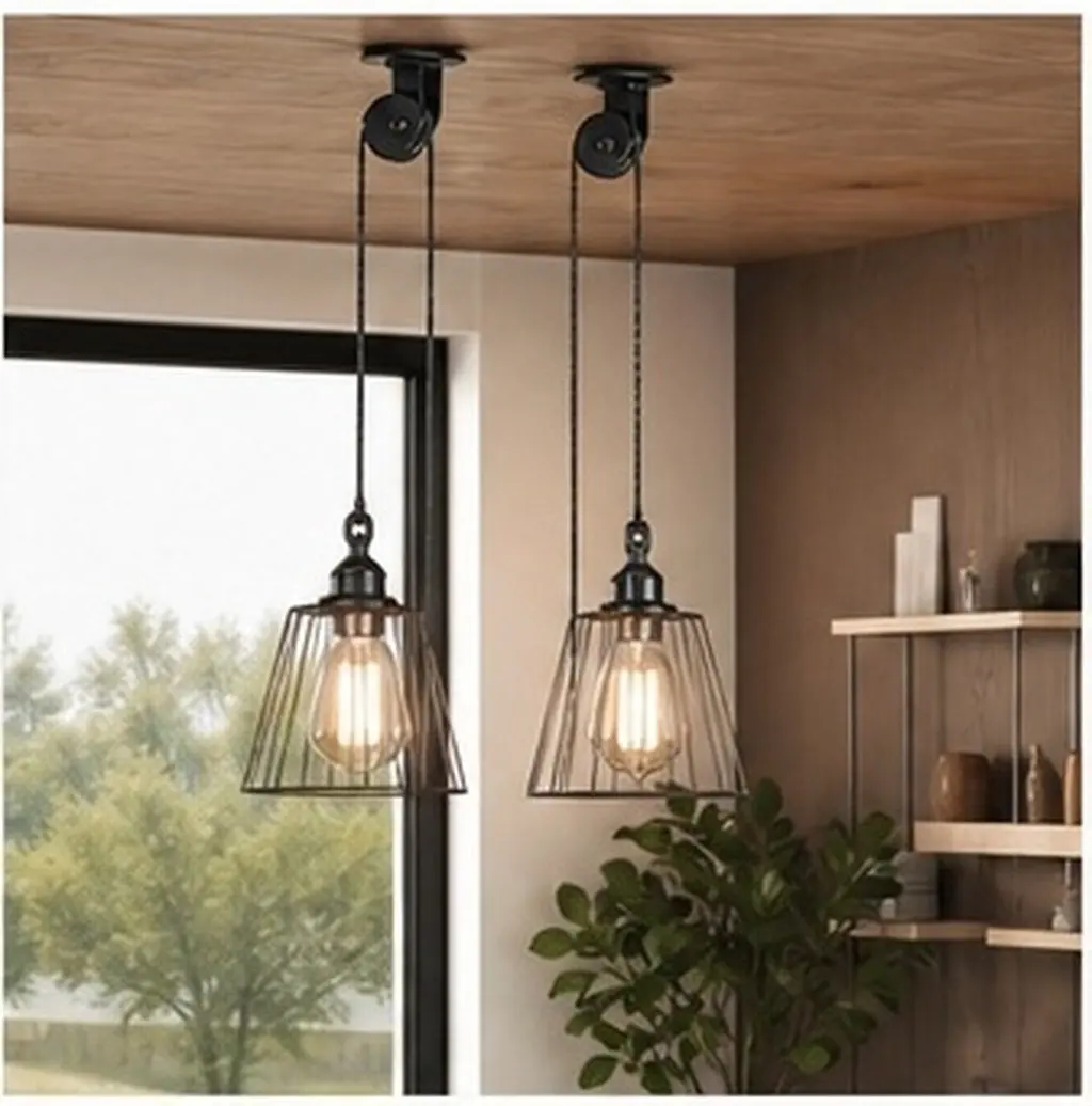 2Set Ceiling Pulley Adjustable Hanging Pendant Pulley Wheel Heavy Duty Steel Cable Suspension Kit for Chandeliers and