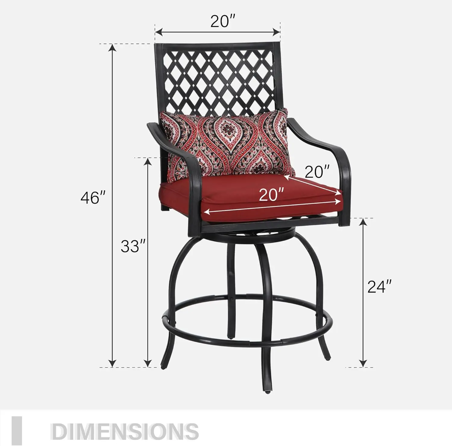 2 PCS Outdoor Swivel Bar Stool, Patio Counter Height Bar Chair with Cushion and Armrest, Red