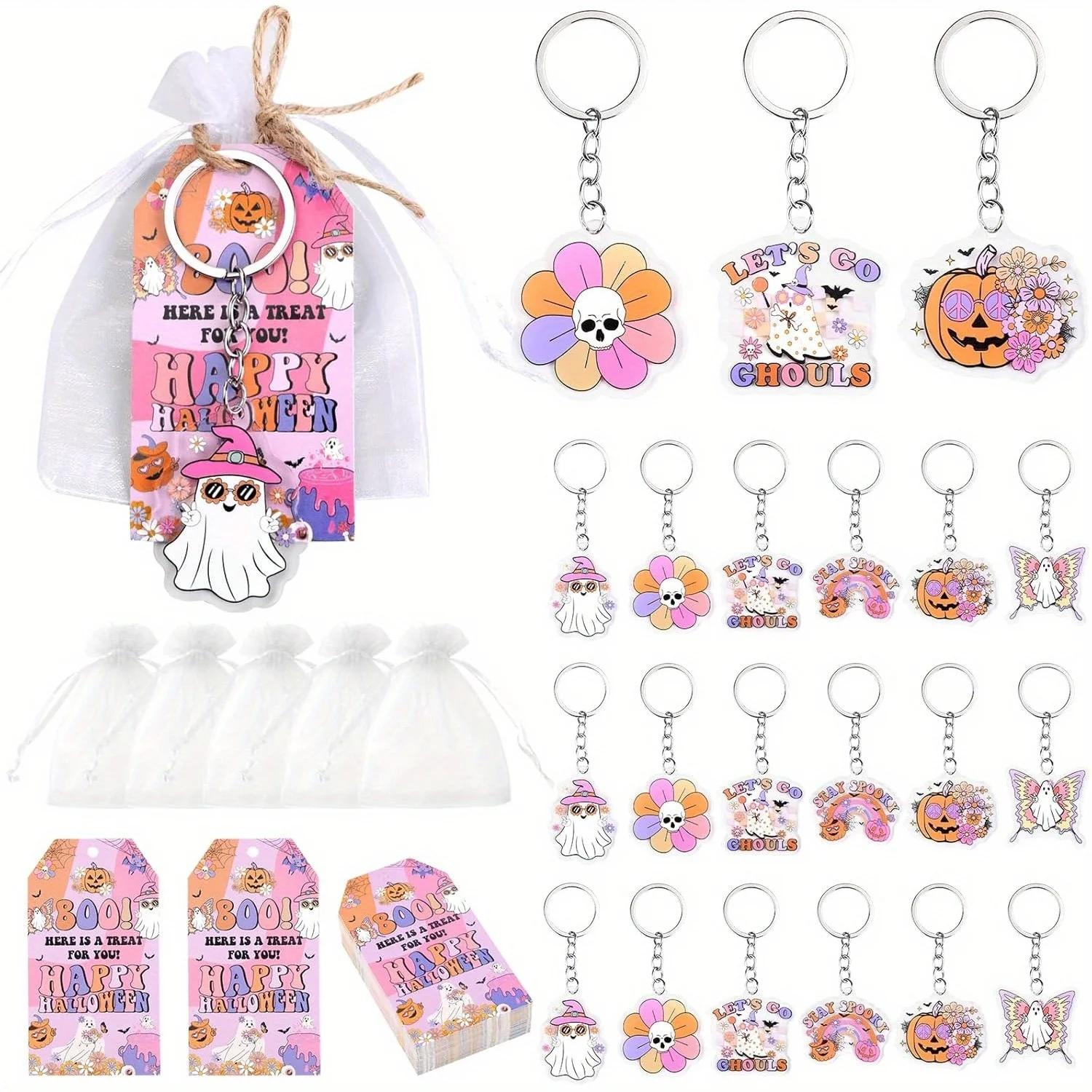 Halloween Party Favors, 72pcs Halloween Party Favors Include Keychains Thank You Tags Organza Bags for Halloween Birthday Party