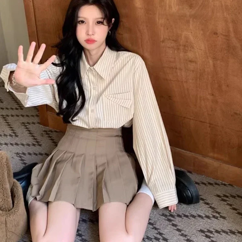 Korean Fashion Blue Striped Shirt Women 2025 Autumn Long Sleeve Loose Blouses Woman Chic Pocket Turn Down Collar Shirts Female