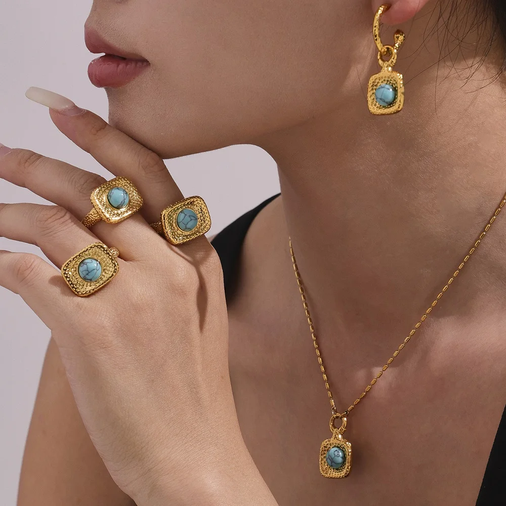 

ENFASHION Para Mujer Retro Blue Turquoise Pendant Necklace For Women's Stainless steel 18K Plated Gold Fashion Earrings Jewelry
