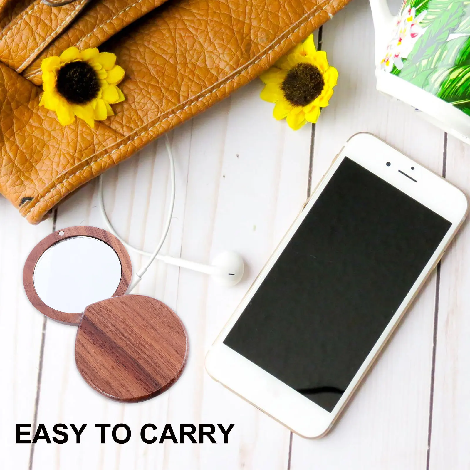 

1pc Portable For Women Ladies Makeup Mini Pocket Mirror Walnut Desktop Makeup Mirror Wood Texture Durable Travel