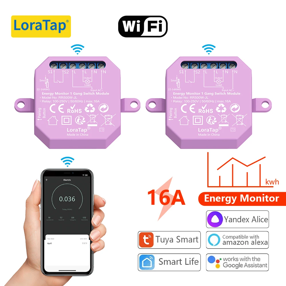 LoraTap Power Energy Monitoring Estimate 1，2 Gang Switch Relay Breaker Module Tuya Smart Life App Remote Control Automation