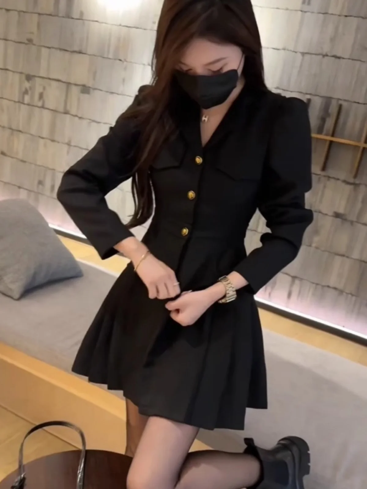 하이 엔드 Feelblacksuitdress 여성 봄 가을 겨울 허리 장착 슬리밍 몸집이 작은 검은 드레스 세련된 프랑스 스타일 크기 