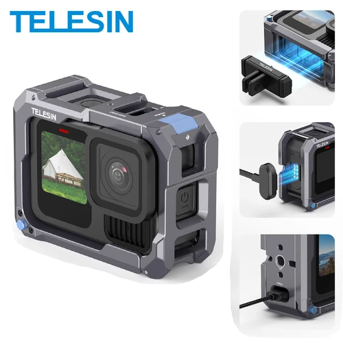 TELESIN-jaula de conejo de Metal mejorada, protección de carga, adaptador de zapata fría, funda de aleación de aluminio para Gopro Hero 13 12 11 10 9
