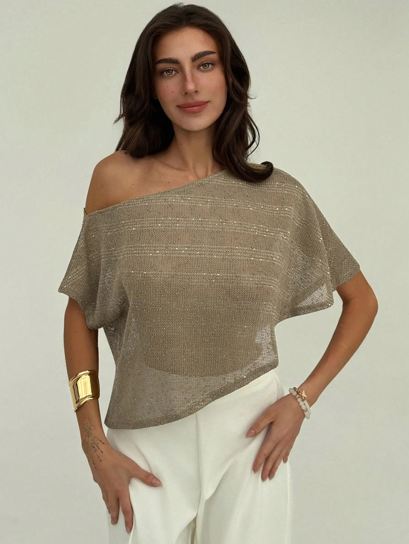 

Pop Summer Cross Border European And American Loose T-shirt Shoulder Slant SMS Glitter Half Transparent Hoodie Top For Women